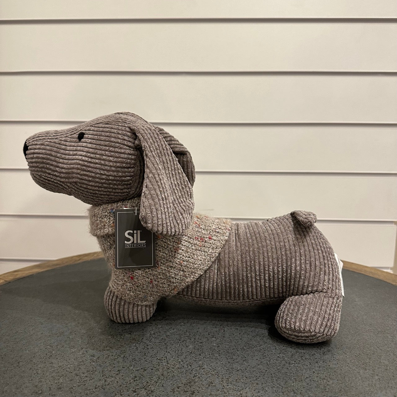 Sausage dogdoor stop - grey corduroy with grey wooly jumper