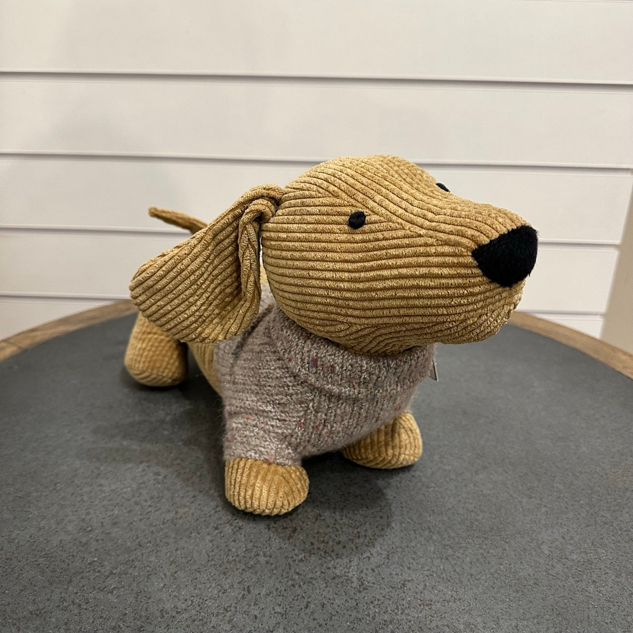 Sausage dogdoor stop - tan corduroy with grey wooly jumper