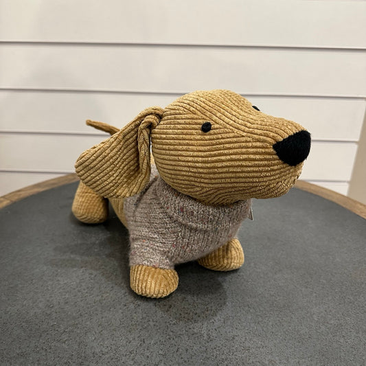 Sausage dogdoor stop - tan corduroy with grey wooly jumper