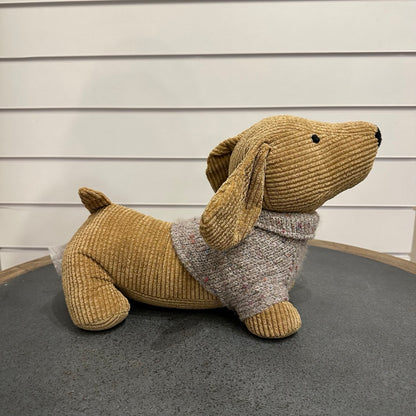 Sausage dogdoor stop - tan corduroy with grey wooly jumper