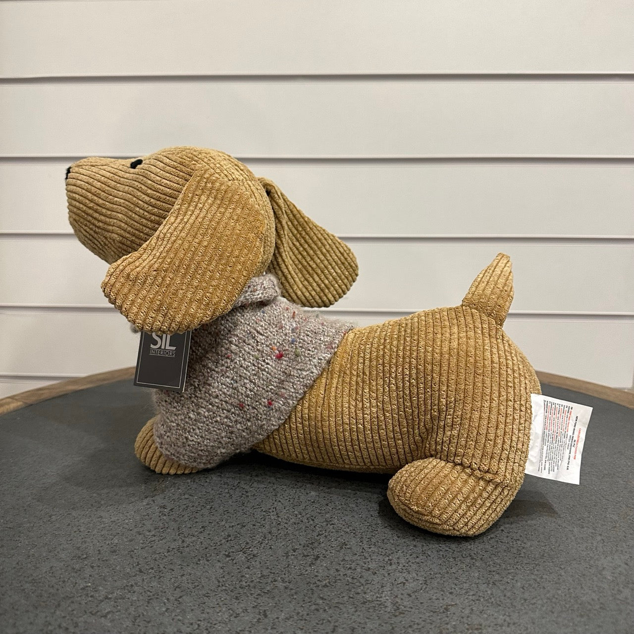 Sausage dogdoor stop - tan corduroy with grey wooly jumper