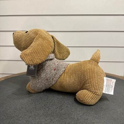 Sausage dogdoor stop - tan corduroy with grey wooly jumper