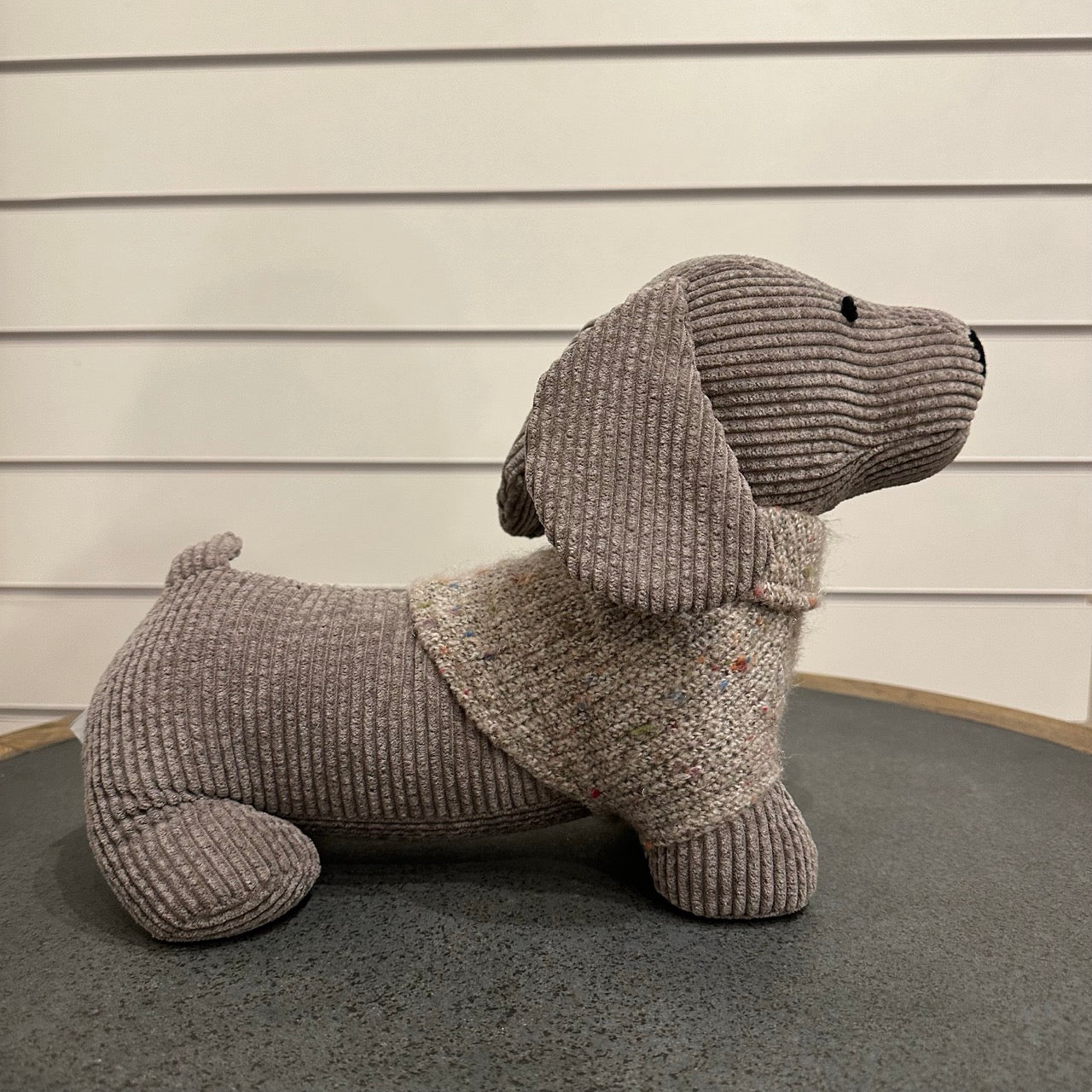 Sausage dogdoor stop - grey corduroy with grey wooly jumper