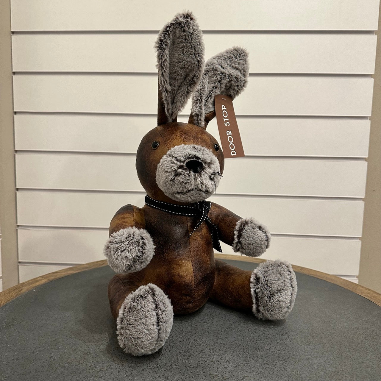Rabbit doorstop - brown leather and grey fur