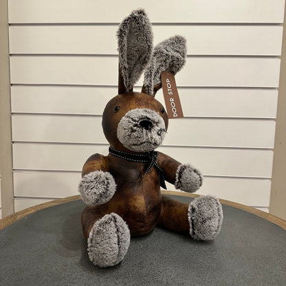 Rabbit doorstop - brown leather and grey fur