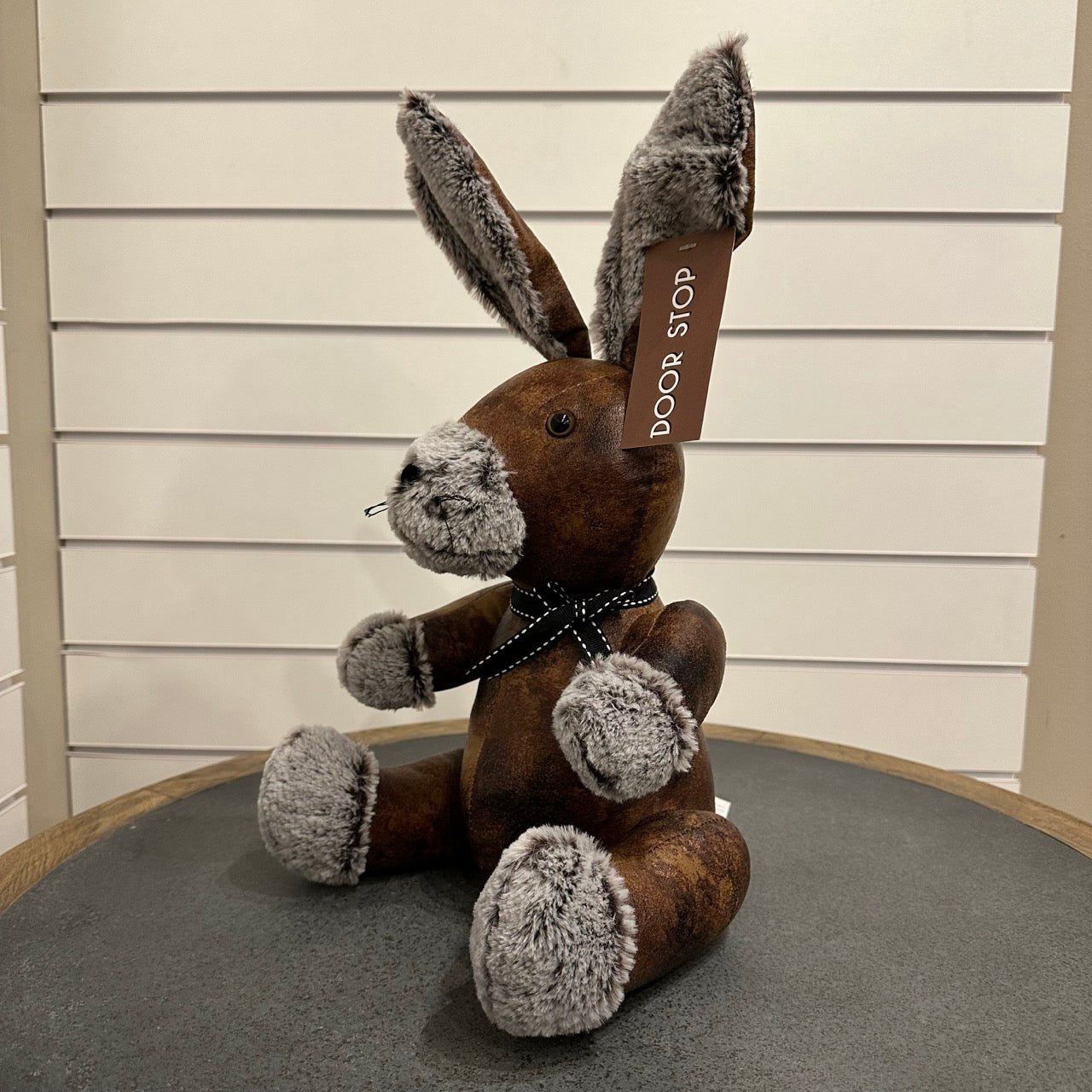 Rabbit doorstop - brown leather and grey fur