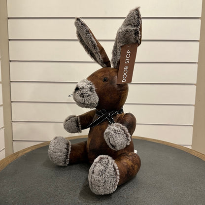 Rabbit doorstop - brown leather and grey fur