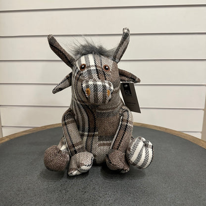 Highland Cow doorstop - grey and brown tartan