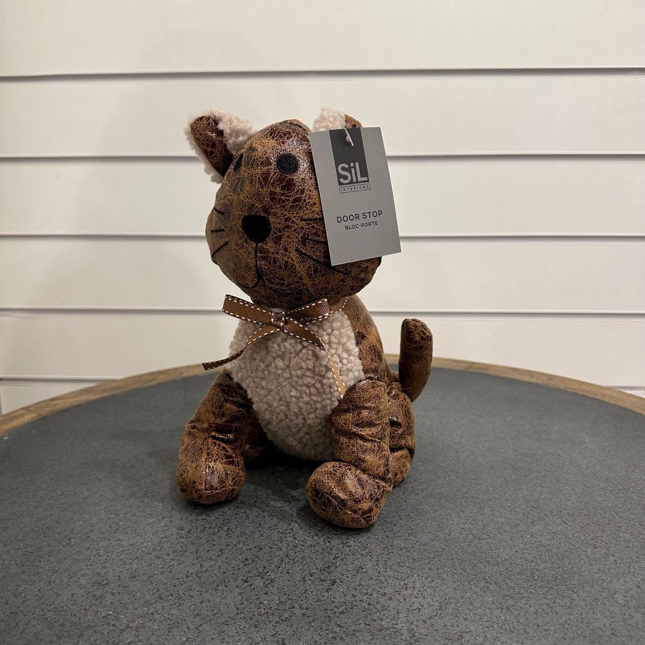 Cat doorstop - brown leather and wool