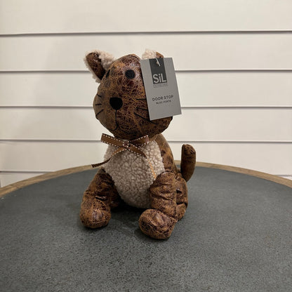 Cat doorstop - brown leather and wool
