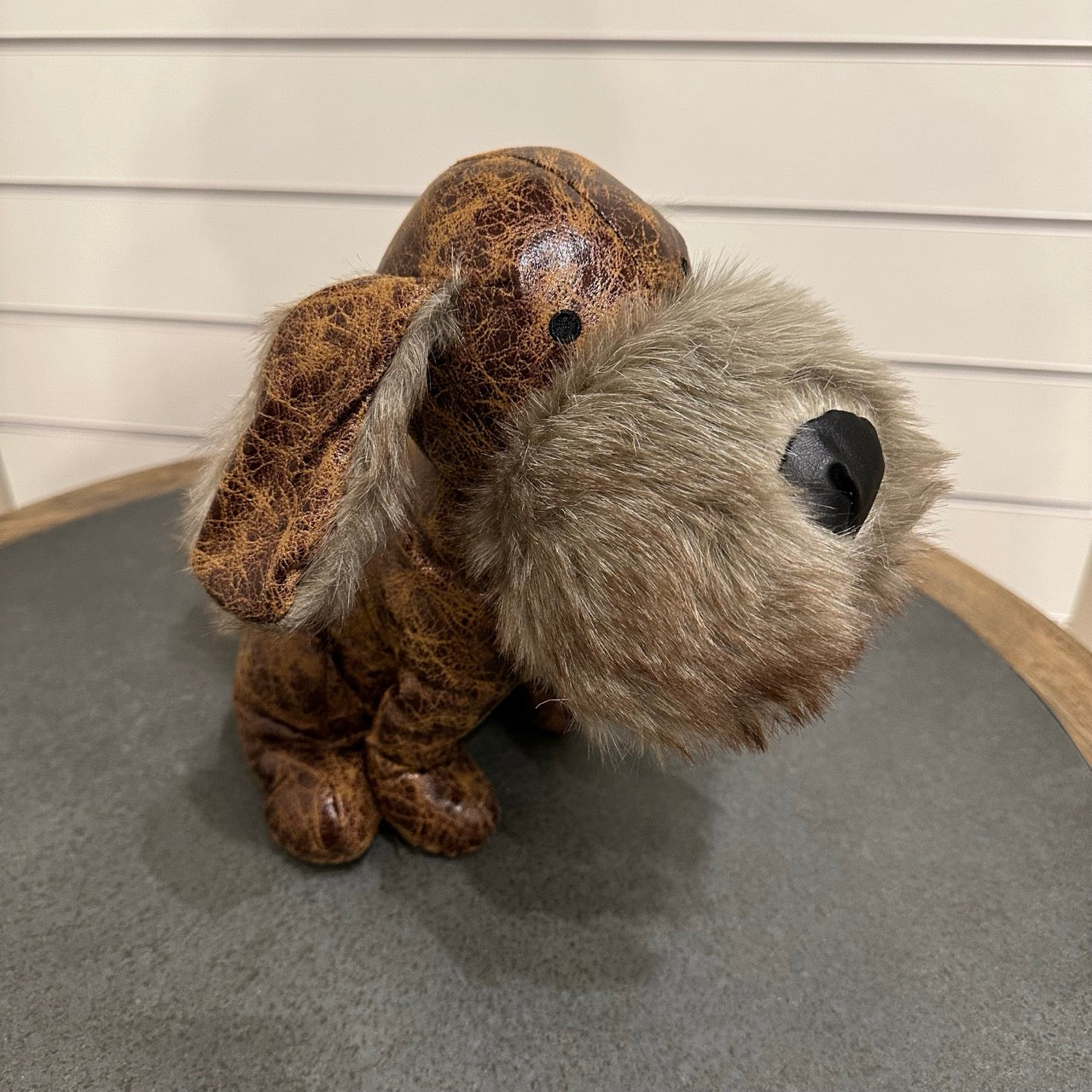 Dog doorstop - brown leather and grey fur