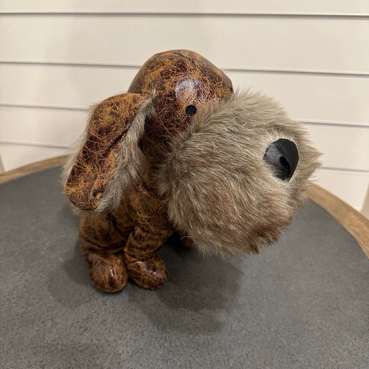 Dog doorstop - brown leather and grey fur