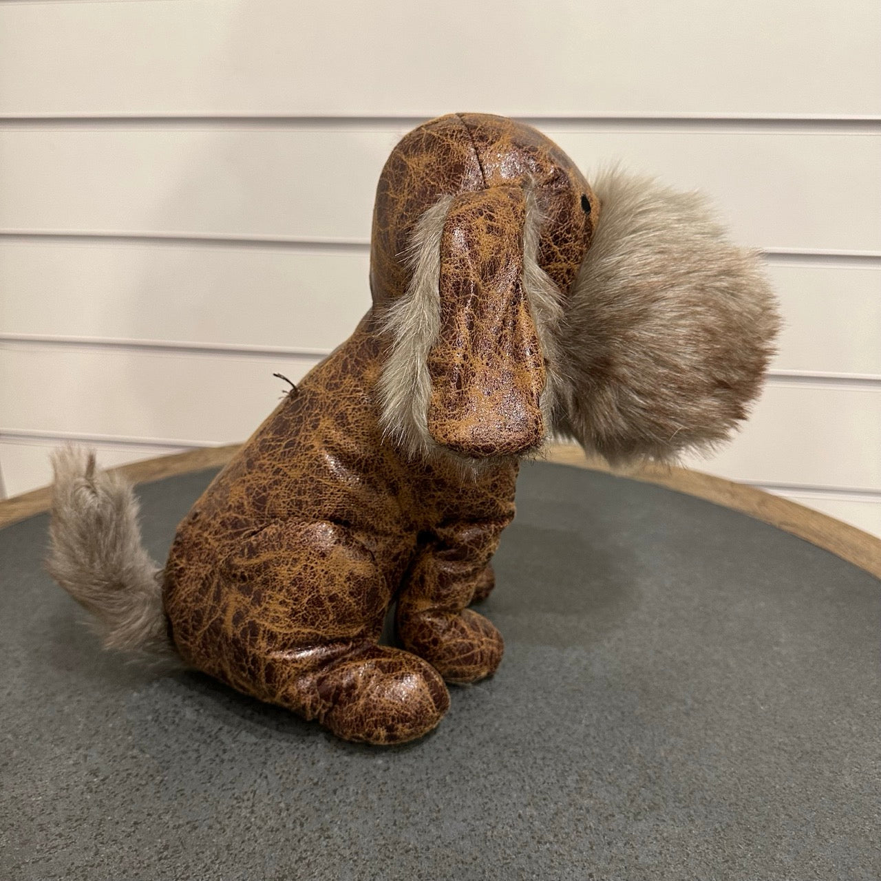 Dog doorstop - brown leather and grey fur