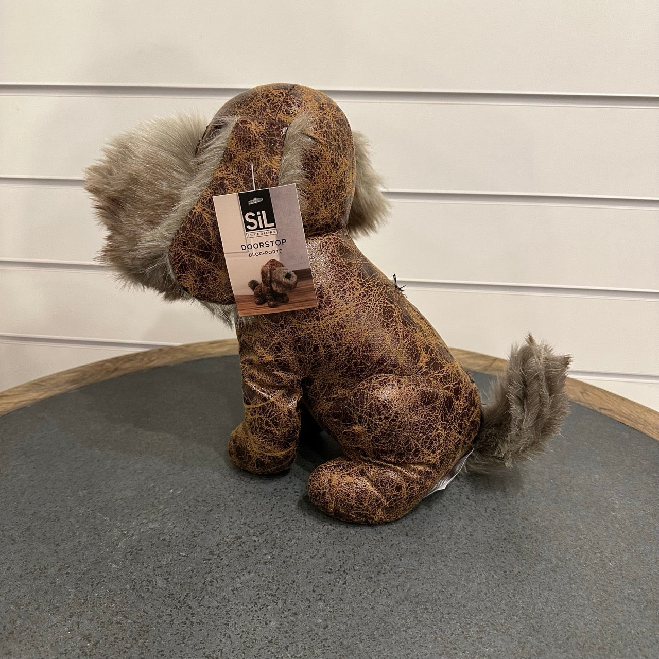 Dog doorstop - brown leather and grey fur