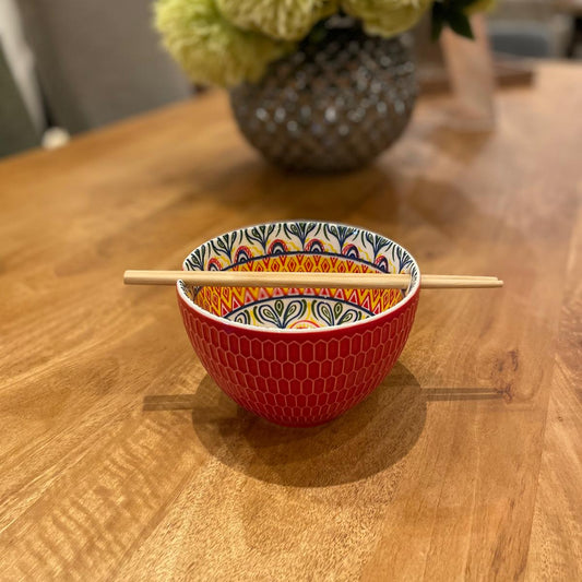 Red Patterned Bowl With Chop Sticks