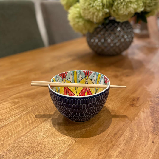 Blue Patterned Bowl With Chips Sticks
