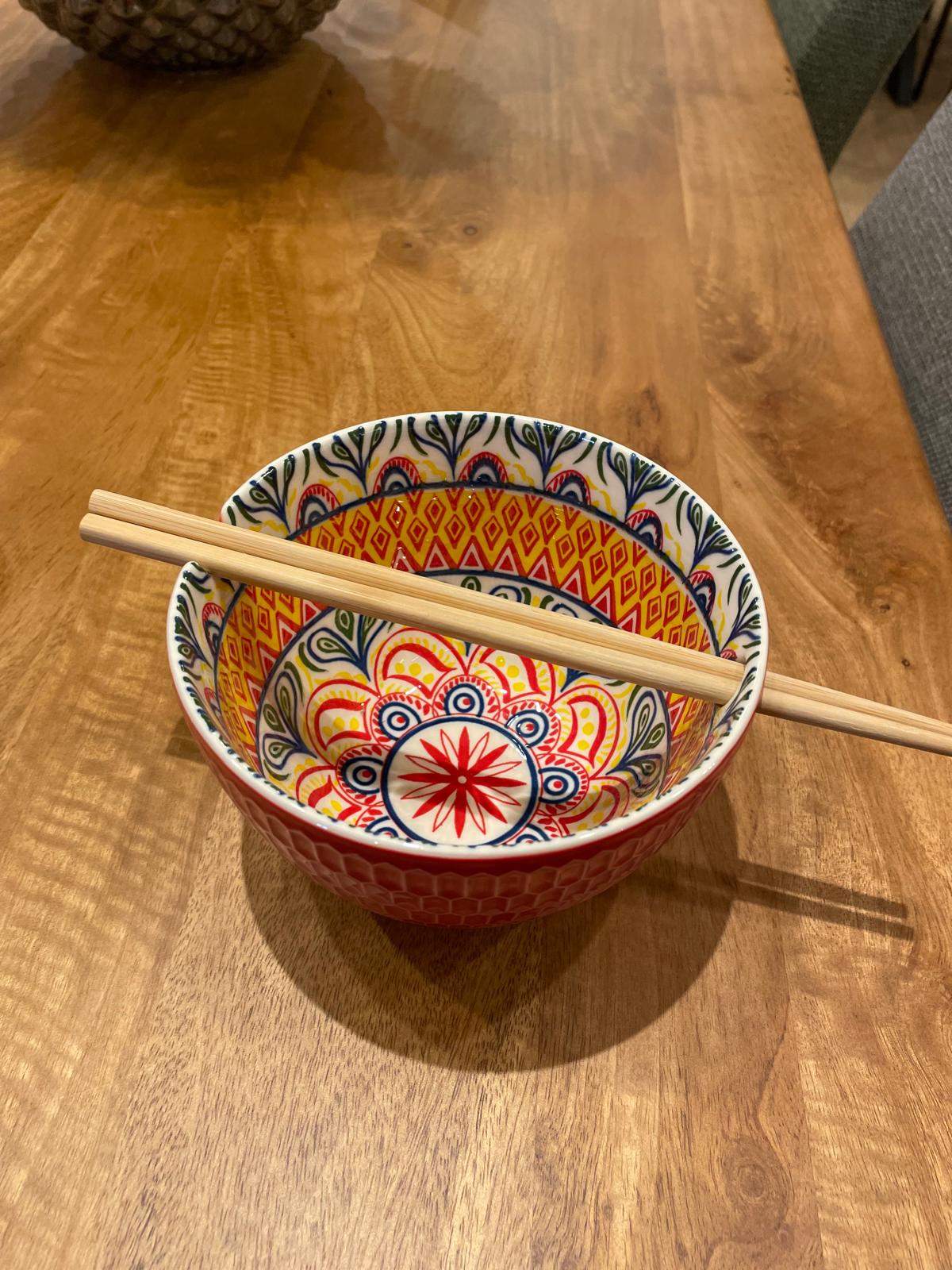 Red Patterned Bowl With Chop Sticks