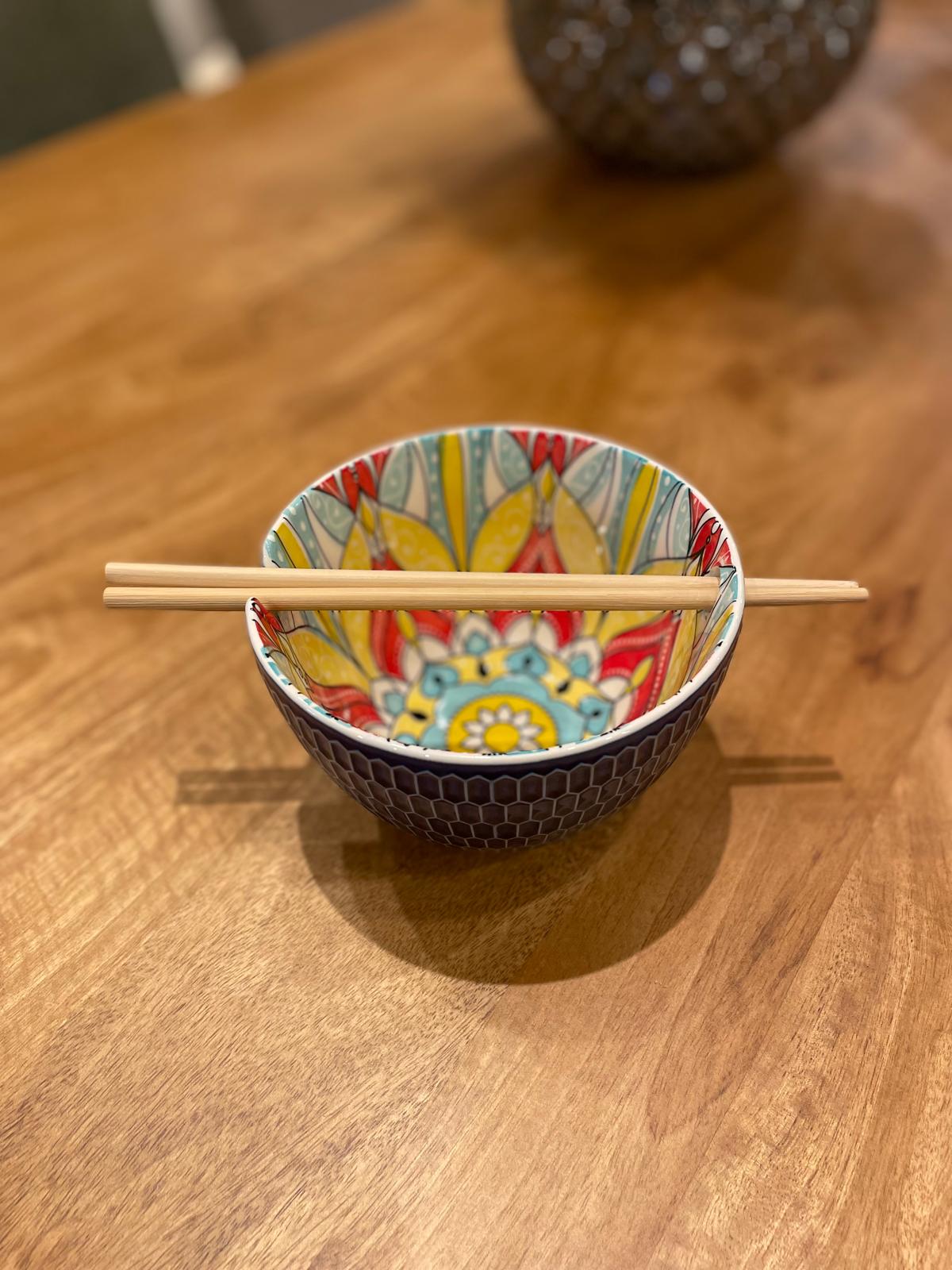 Blue Patterned Bowl With Chips Sticks