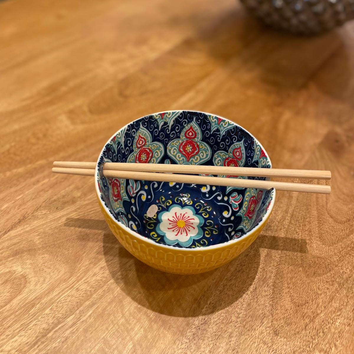 Yellow Patterned Bowl With Chop Sticks