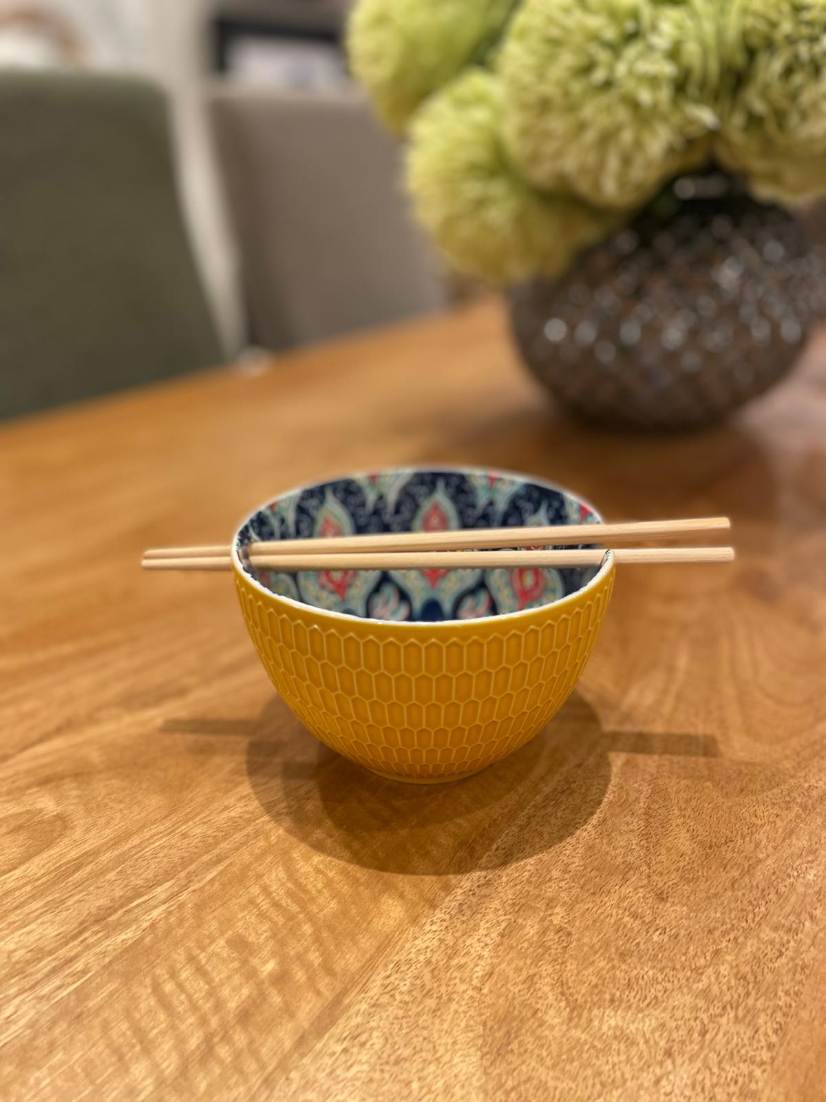 Yellow Patterned Bowl With Chop Sticks