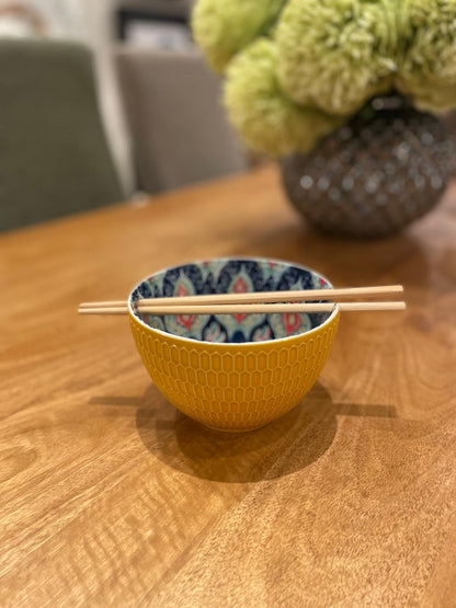 Yellow Patterned Bowl With Chop Sticks